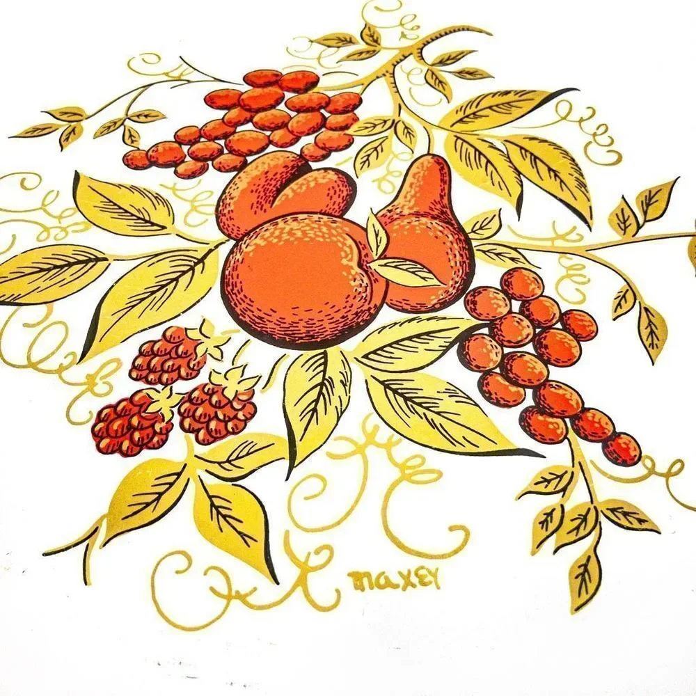 VTG Signed Maxey Fruit & Floral Round Metal Serving Tray 16”